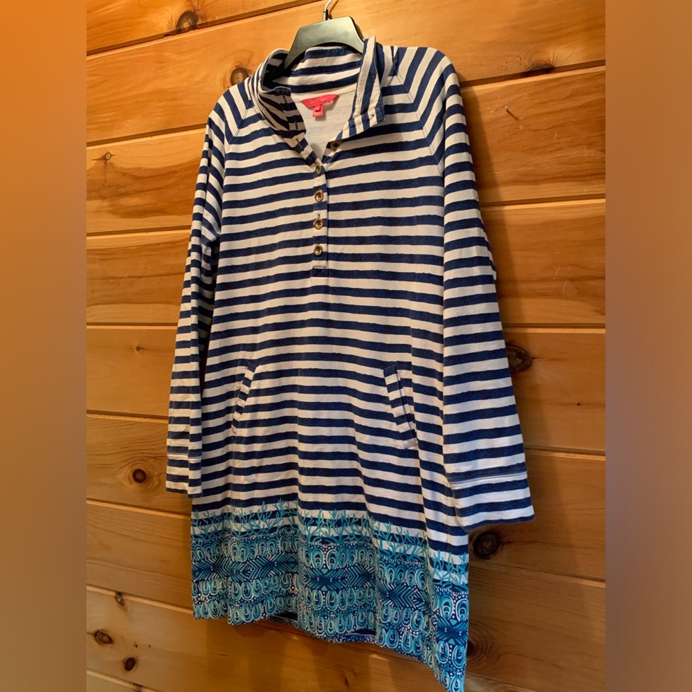 Lilly Pulitzer Navy and White Striped Midi Dress with Aqua Printed Hem